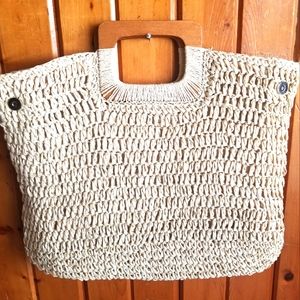 PINK HALEY WOMENS OFF WHITE WOVEN STRAW BAG WITH WOODEN HANDLE/BEACH BAG